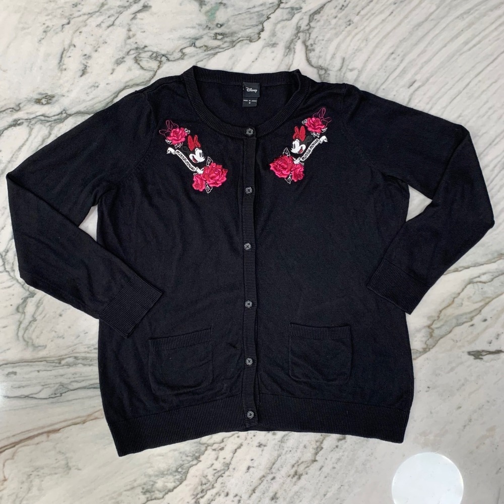 Disney‎ Minnie Mouse Rose Embroidered Cardigan Sweater Black Womens